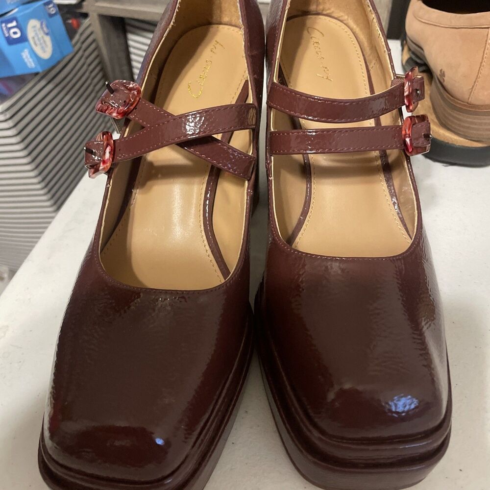 Sam Edelman Circus Ivy Mary Jane Double Strap Block 4” Heel Maroon Leather 8.5